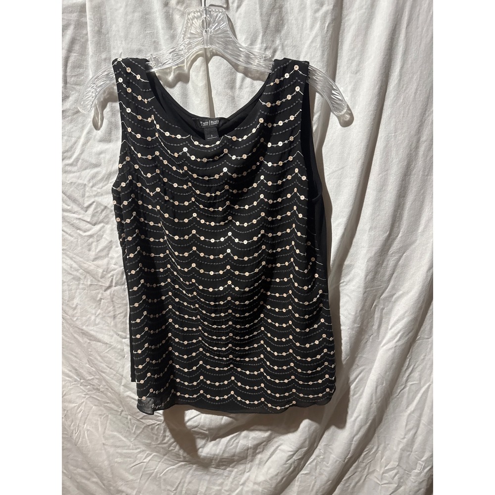 White House Black Market Black Sequin Scallop Sleeveless Blouse Top Small